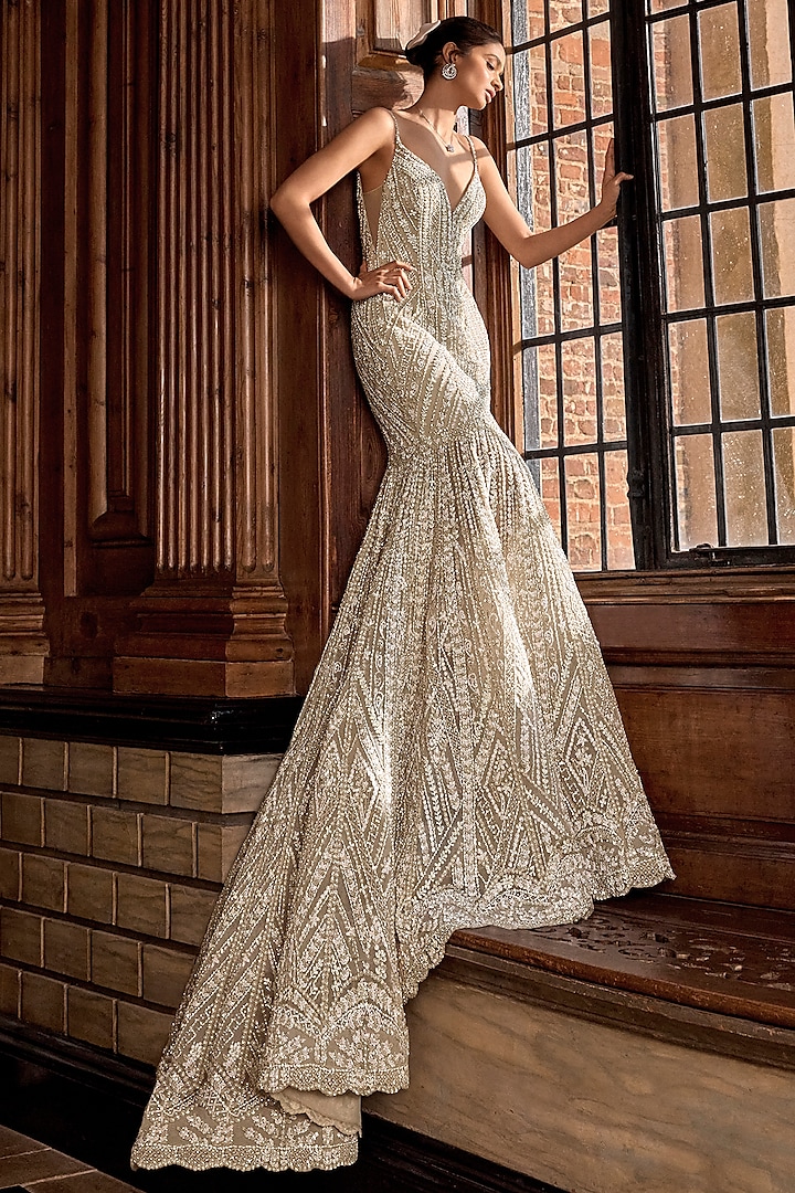 Champagne Net Sequins & Pearl Embroidered Trail Bridal Gown by Seema Gujral at Pernia's Pop Up Shop