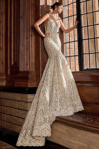 Champagne Net Sequins & Pearl Embroidered Trail Gown by Seema Gujral