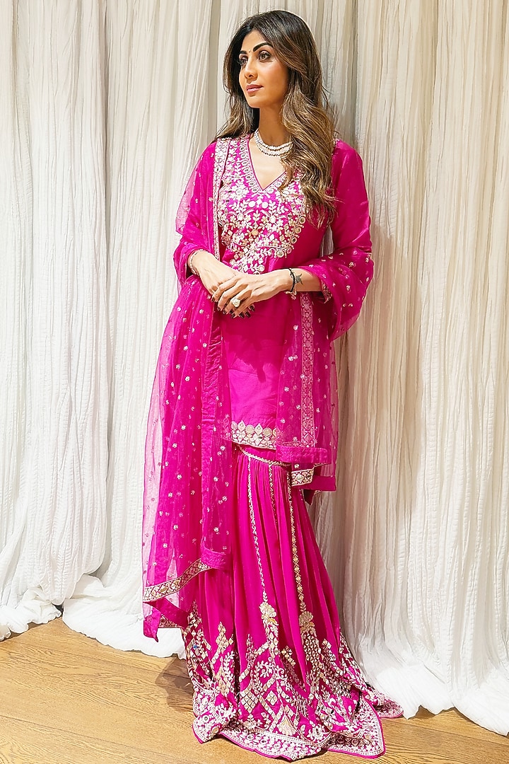 Pink Georgette Mirror Embroidered Wedding Sharara Set by GOPI VAID at Pernia's Pop Up Shop