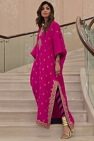 Gulabi Gulal Silk Marodi Work Kaftan Set by Punit Balana