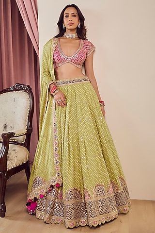 Green Gajji Silk Lehenga Set by Faabiiana