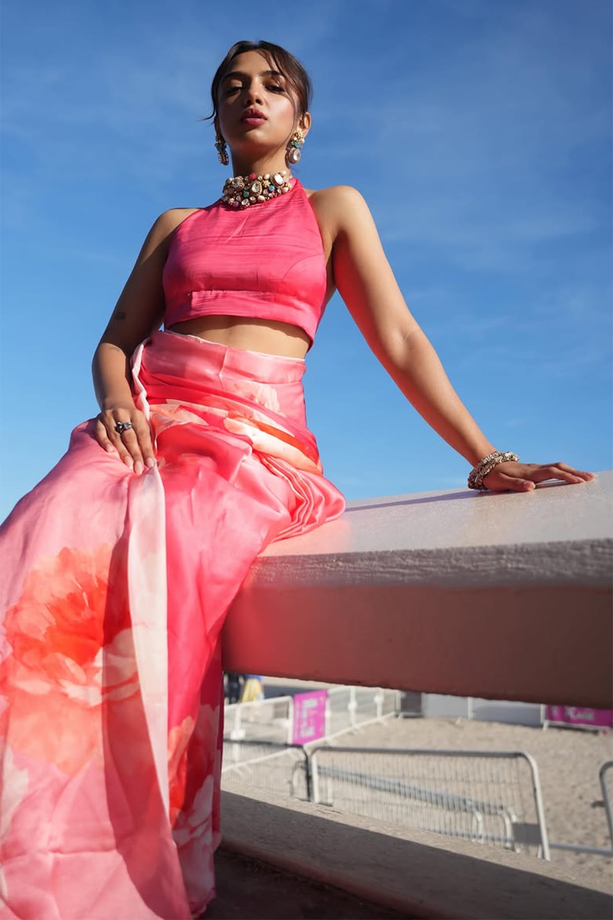 Studio 113 Pink Pure Satin Silk Ombre Floral Saree