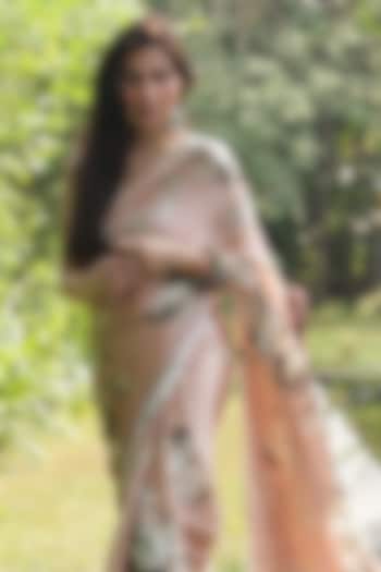 Blossom Pink Pure Satin Silk Abstract Floral Printed Party Wear Saree by Studio 113 at Pernia's Pop Up Shop