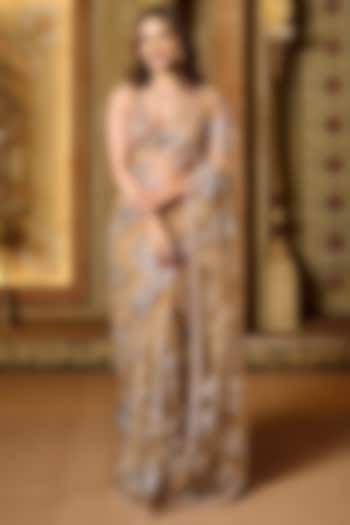 Nude Soft Tulle Sequins & Applique Motif Embroidered Reception Saree Set by Seema Gujral at Pernia's Pop Up Shop