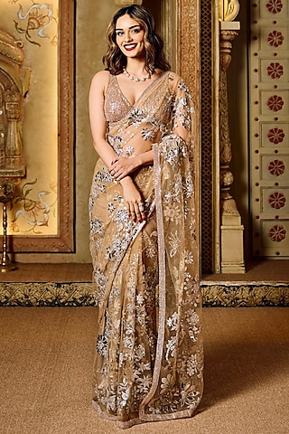 Nude Soft Tulle Sequins & Applique Motif Embroidered Saree Set by Seema Gujral