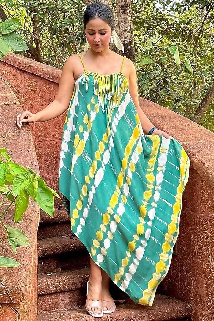 Green Georgette Embellished Asymmetric Vacation Dress by Babita Malkani at Pernia's Pop Up Shop