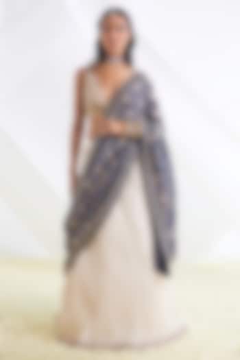 Blue & White Cotton Reception Lehenga Saree Set by Faabiiana at Pernia's Pop Up Shop