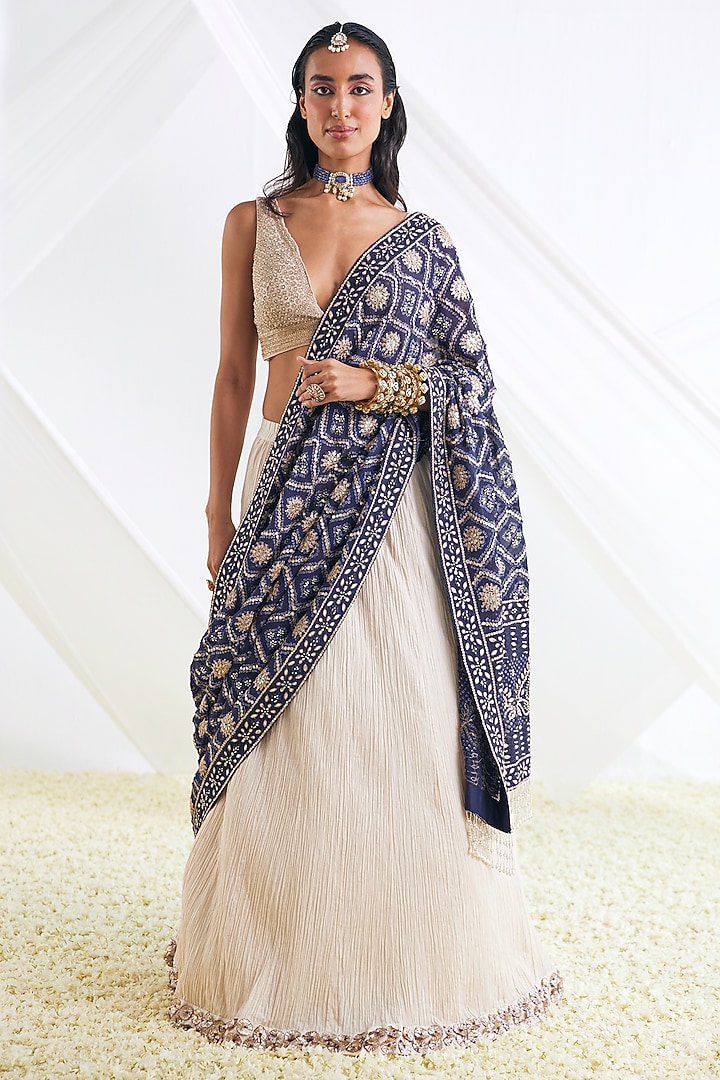 Blue & White Cotton Reception Lehenga Saree Set by Faabiiana at Pernia's Pop Up Shop