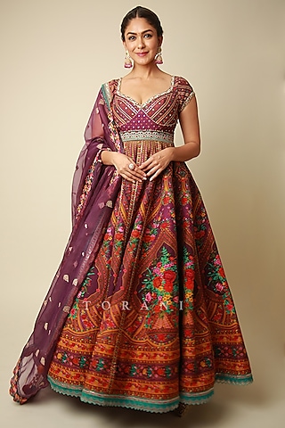 Purple Silk Digital Printed Anarkali Set by TORANI