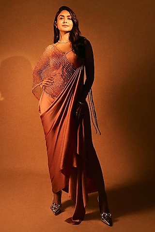 Nectarine Peach Pure Satin Embroidered Draped Dress Saree Set by Babita Malkani