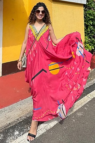 Pink Crepe Printed & Embellished Maxi Dress by Babita Malkani