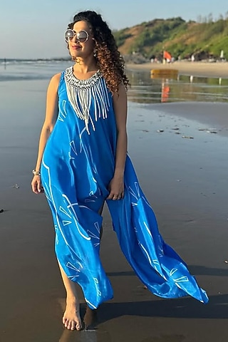 Azure Blue Crepe & Georgette Embroidered Dress by Babita Malkani