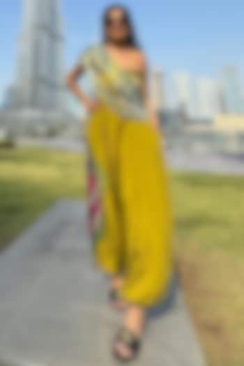 Green Crepe Printed & Embroidered Jumpsuit With Throw by Babita Malkani at Pernia's Pop Up Shop