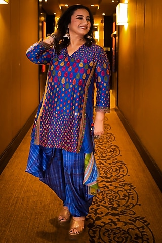 Blue Slub Silk Resham Embroidered Dhoti Set by SHRADDHA RAMBHIA