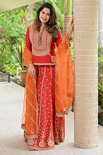 Red Slub Silk Patola Printed Palazzo Pant Set by SHRADDHA RAMBHIA at Pernia's Pop Up Shop