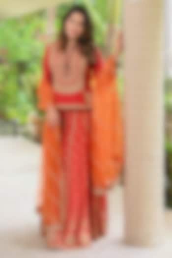 Red Slub Silk Patola Printed Palazzo Pant Set by SHRADDHA RAMBHIA at Pernia's Pop Up Shop