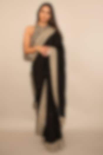 Black Raw Silk Resham Embroidered Wedding Saree Set by ASHUTOSH JOSHI at Pernia's Pop Up Shop