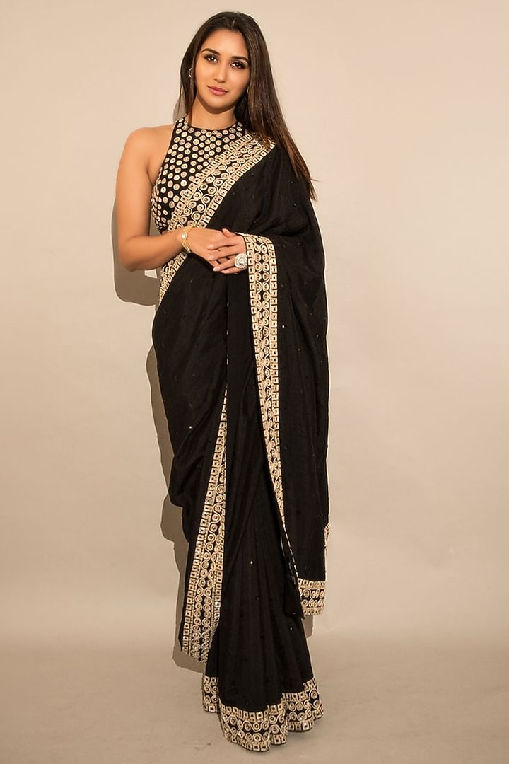 Black Raw Silk Resham Embroidered Wedding Saree Set by ASHUTOSH JOSHI at Pernia's Pop Up Shop
