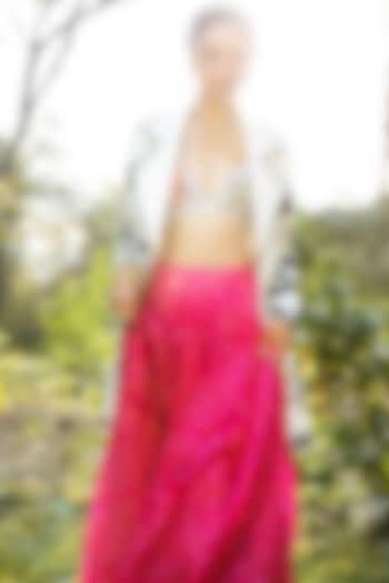 Pink Handwoven Silk Bandhani Jacket Lehenga Set by The Little Black Bow