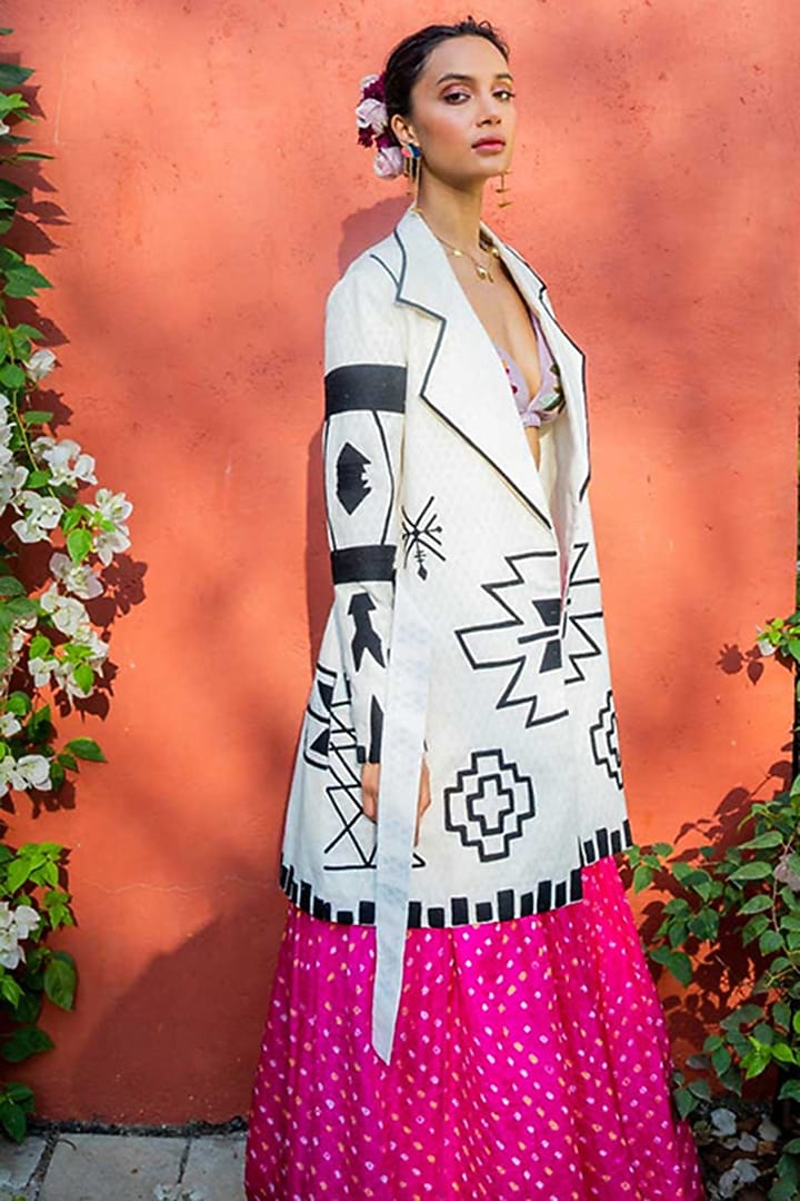 Pink Handwoven Silk Bandhani Jacket Wedding Lehenga Set by The Little Black Bow at Pernia's Pop Up Shop