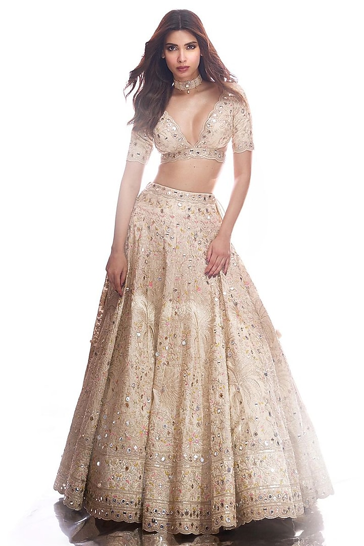 Ivory Tussar Hand Embroidered Wedding Lehenga Set by Gopi Vaid at Pernia's Pop Up Shop