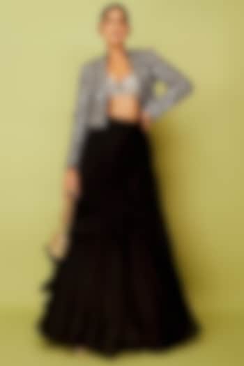 Black Tussar Embroidered Blazer Set by GOPI VAID at Pernia's Pop Up Shop