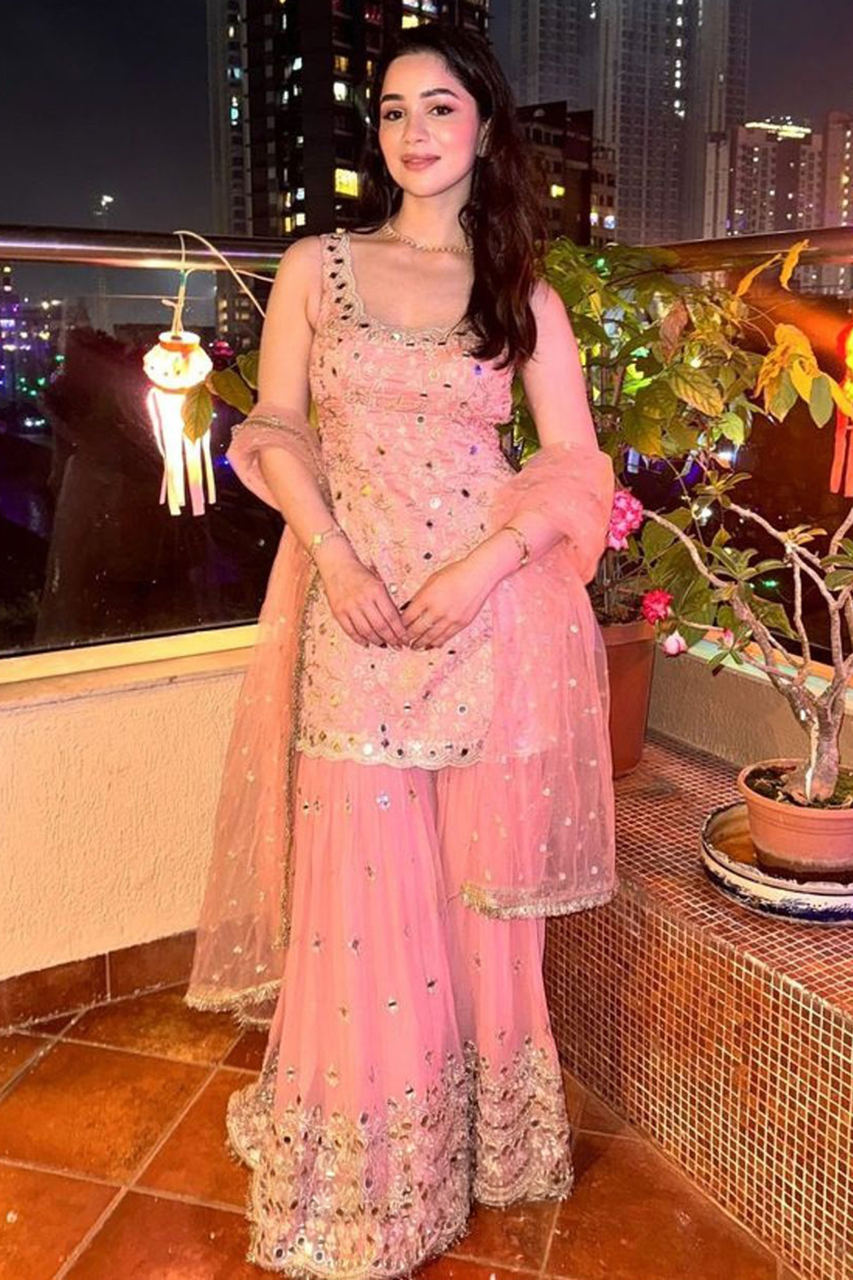 Pink Georgette Mirror Embroidered Wedding Sharara Set by GOPI VAID at Pernia's Pop Up Shop