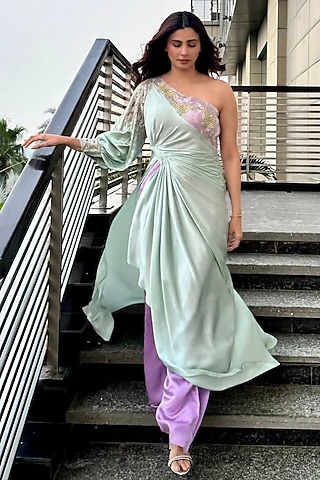 Lilac & Mint Silk Embroidered One-Shoulder Draped Jumpsuit by Babita Malkani