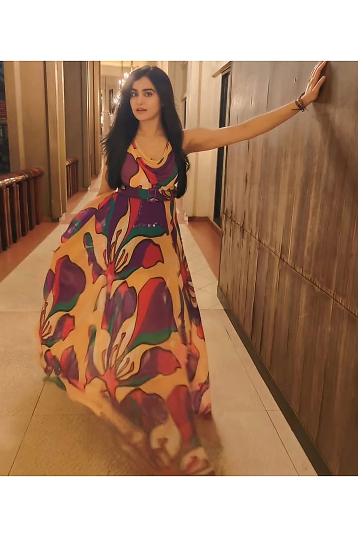 Peach Organza Floral Printed Cowl Maxi Cocktail Dress by Babita Malkani at Pernia's Pop Up Shop