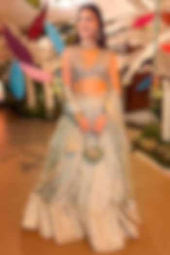 Blue Tussar Thread Work Wedding Lehenga Set by GOPI VAID at Pernia's Pop Up Shop