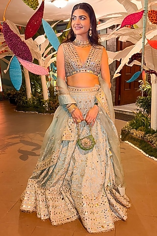 Blue Tussar Thread Work Lehenga Set by GOPI VAID