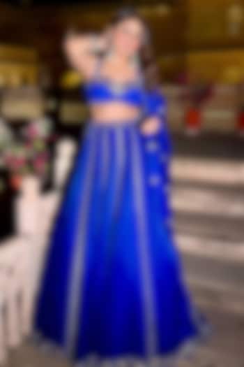 Royal Blue Satin Organza Mirror Embroidered Wedding Lehenga Set by Vvani By Vani Vats at Pernia's Pop Up Shop