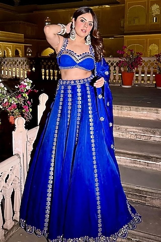 Royal Blue Satin Organza Mirror Embroidered Lehenga Set by Vvani By Vani Vats