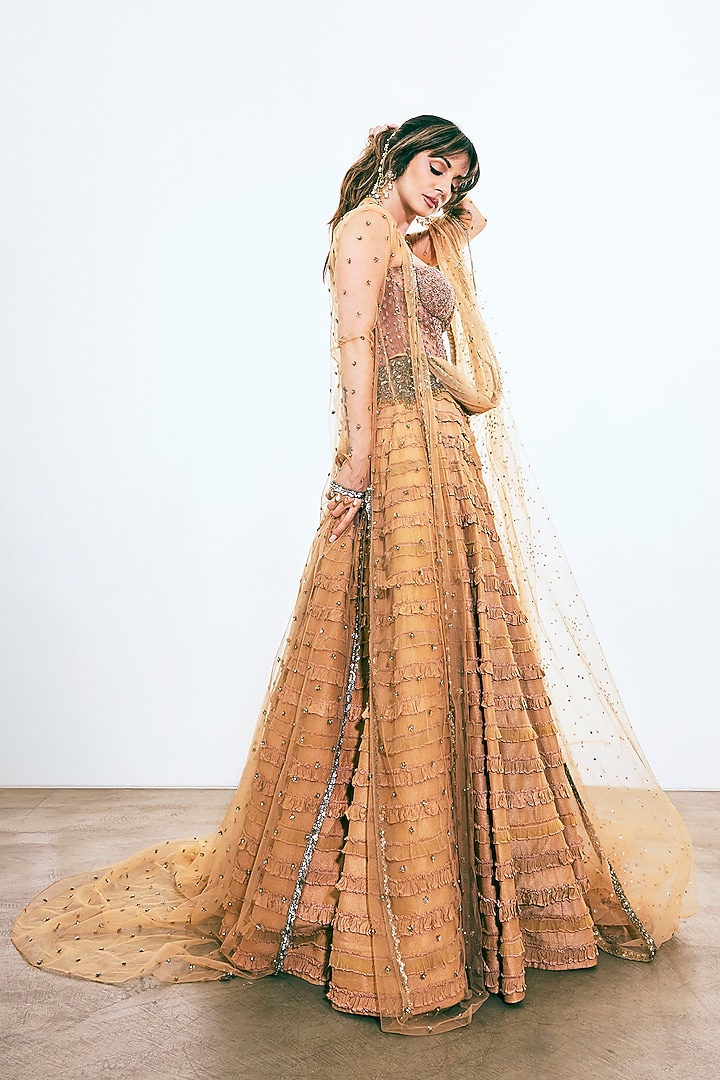 Pink Raw Silk & Net Ruffled Bridal Lehenga Set by Rocky Star at Pernia's Pop Up Shop