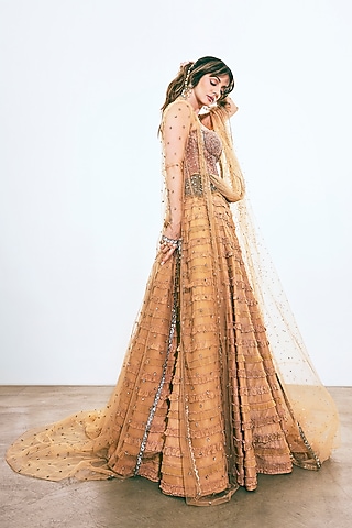 Pink Raw Silk & Net Ruffled Lehenga Set by Rocky Star