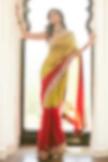 Surkh Lal-Colored Organza Silk Embroidered Reception Saree Set by Punit Balana at Pernia's Pop Up Shop