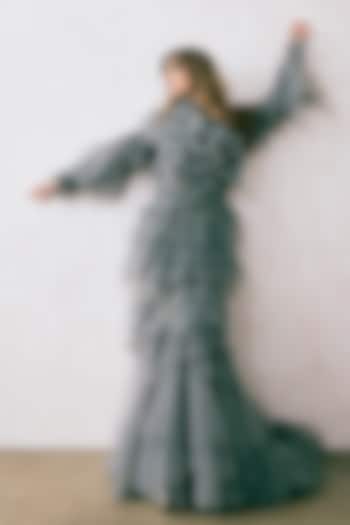 Grey Net Hand Embroidered Ruffled Bridal Gown by Rocky Star at Pernia's Pop Up Shop