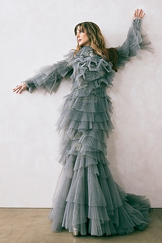 Grey Net Hand Embroidered Ruffled Gown by Rocky Star