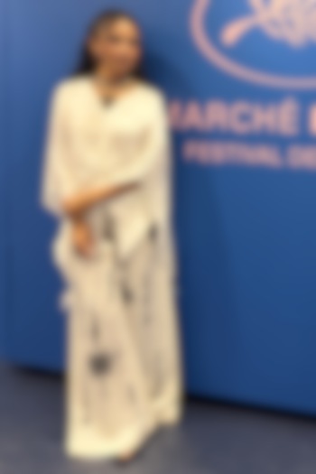 Ivory Blended Satin Linen Snowflakes Embroidered Trousers by Dilnaz Karbhary at Pernia's Pop Up Shop