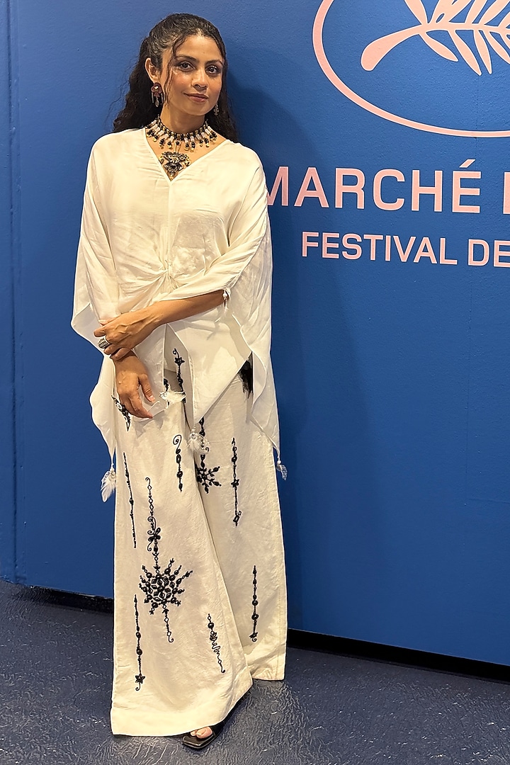 Ivory Blended Satin Linen Snowflakes Embroidered Trousers by Dilnaz Karbhary at Pernia's Pop Up Shop