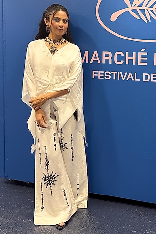 Ivory Blended Satin Linen Snowflakes Embroidered Trousers by Dilnaz Karbhary