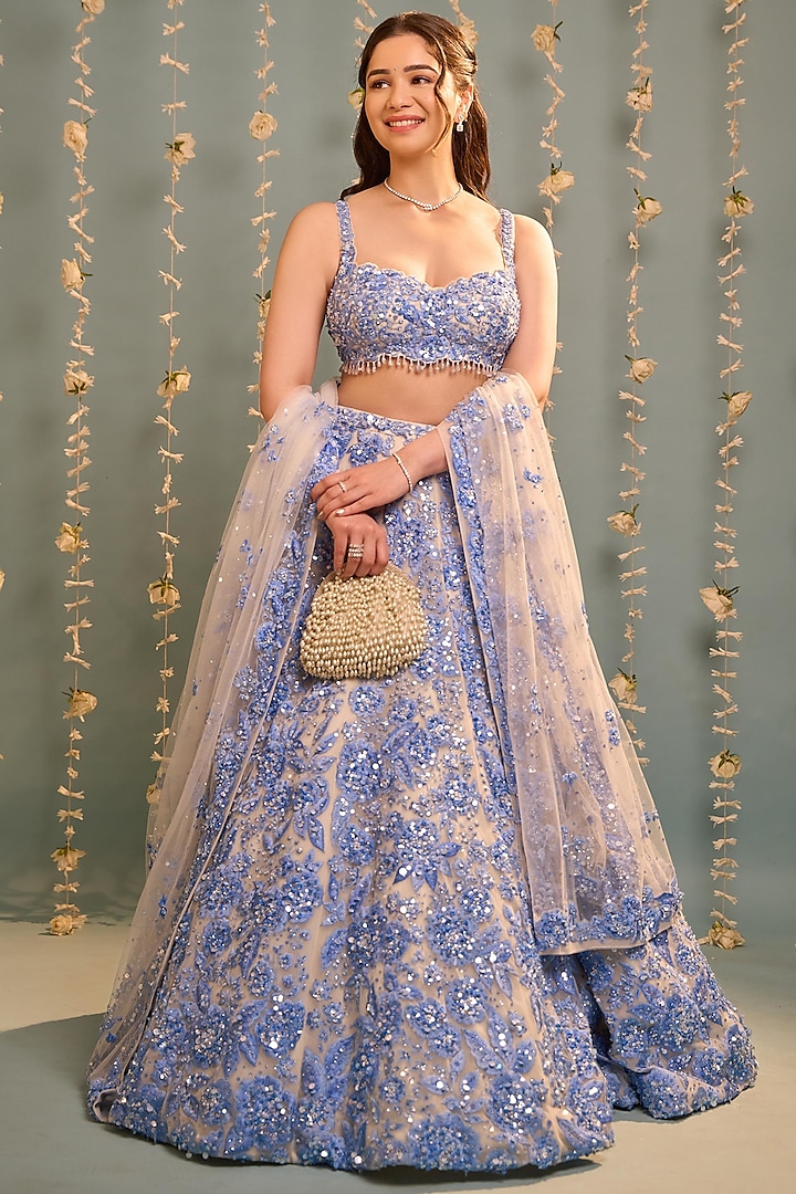 Powder Blue Net Crystal & Pearl Embroidered Bridal Lehenga Set by Seema Gujral at Pernia's Pop Up Shop