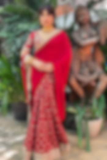 Red Georgette & Tussar Embroidered Draped Reception Saree Set by GOPI VAID at Pernia's Pop Up Shop