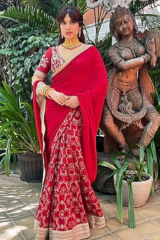 Red Georgette & Tussar Embroidered Draped Saree Set by GOPI VAID