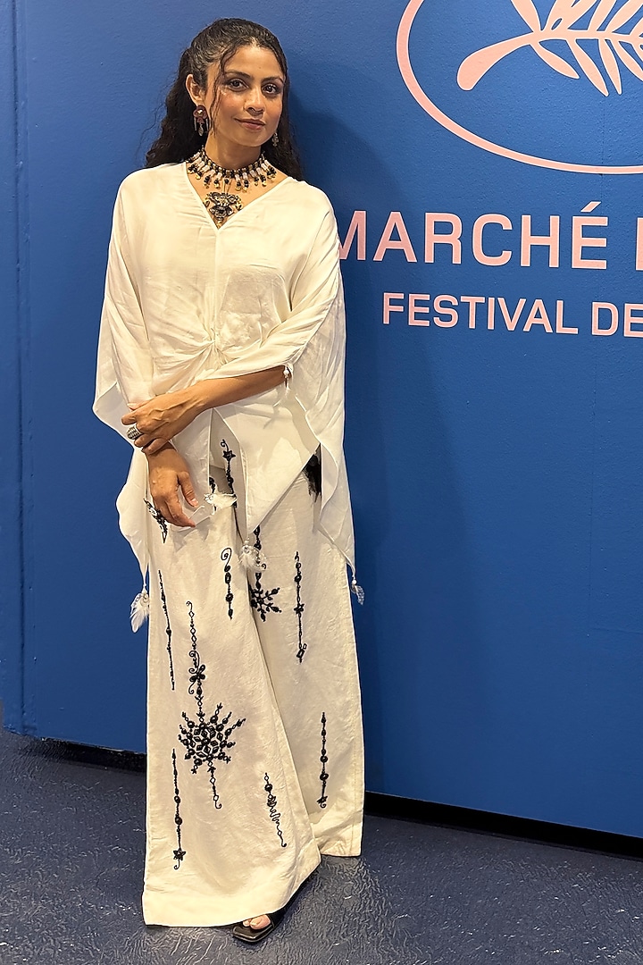 Ivory Blended Satin Draped Kaftan by Dilnaz Karbhary at Pernia's Pop Up Shop