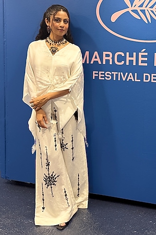 Ivory Blended Satin Draped Kaftan by Dilnaz Karbhary