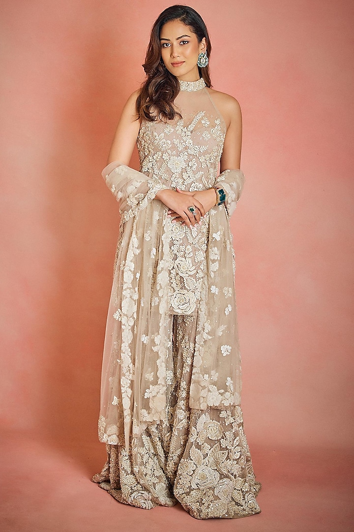 Nude Net Bead Embroidered Sharara Set by Seema Gujral