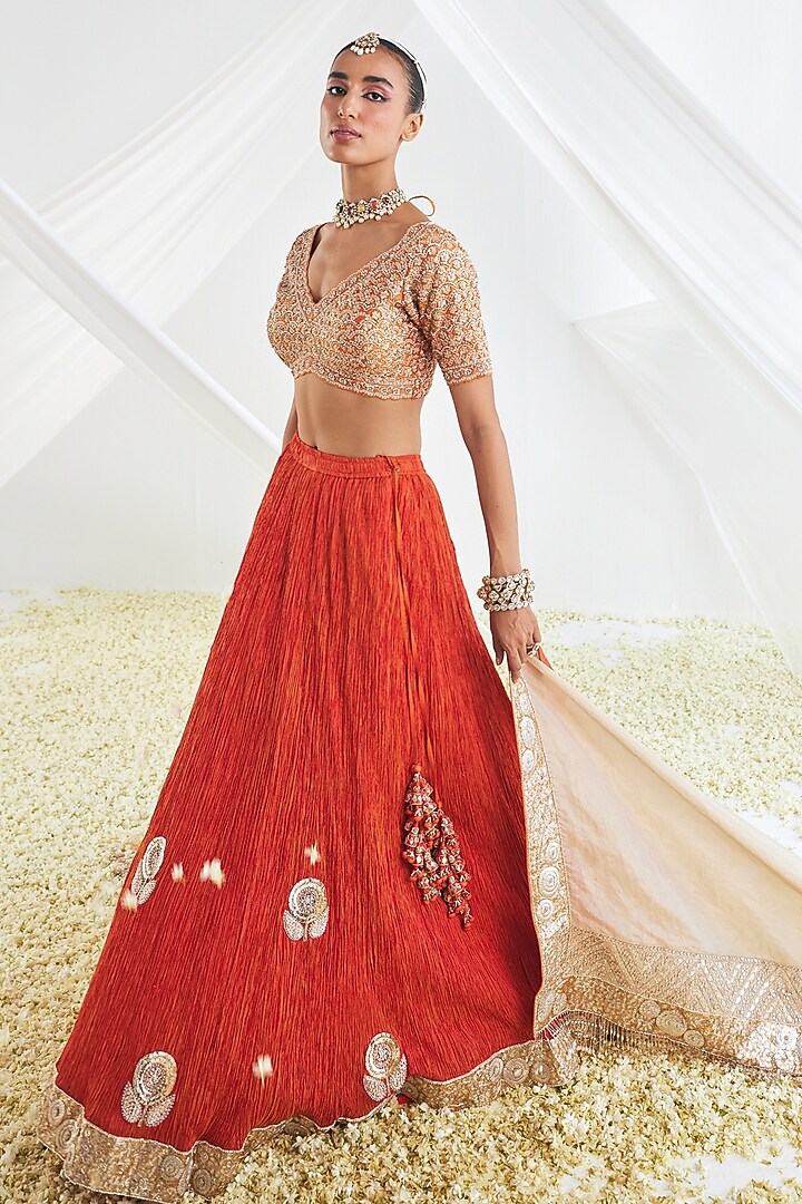 Tangerine Orange Crushed Silk Bridal Lehenga Set by Faabiiana at Pernia's Pop Up Shop
