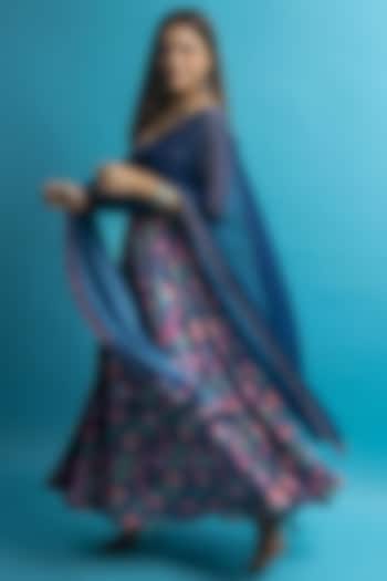 Blue French Crepe Printed & Embroidered Wedding Anarkali Set by Krishna Padia at Pernia's Pop Up Shop