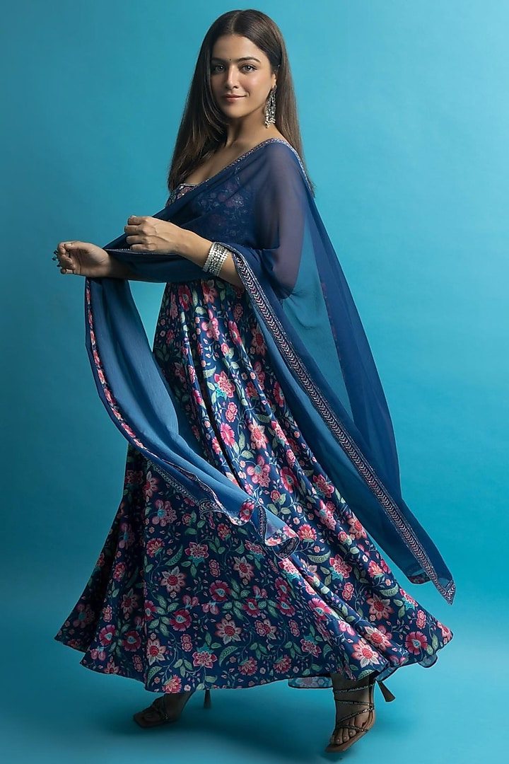 Blue French Crepe Printed & Embroidered Wedding Anarkali Set by Krishna Padia at Pernia's Pop Up Shop